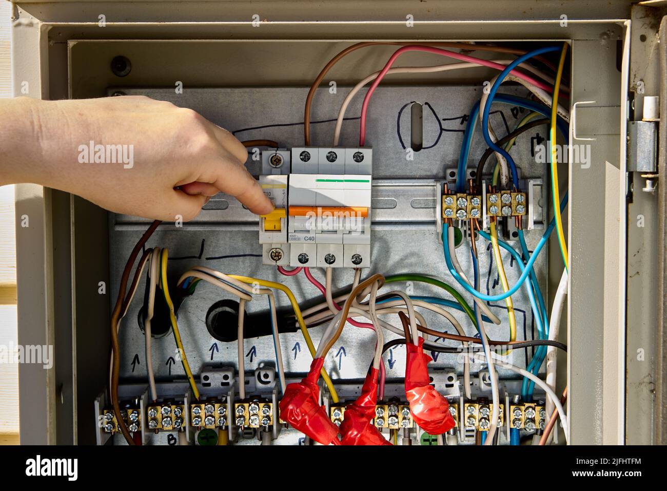 Consumer unit switchboard with fuse box circuit breakers Stock Photo