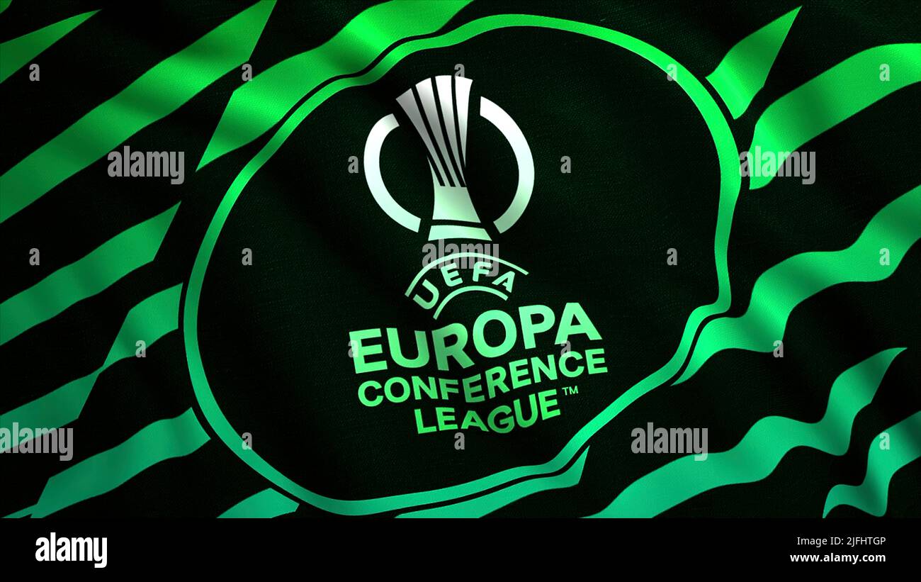 Green canvas. Motion . The bright logo of the UEFA European League. Use only for editorial. Stock Photo