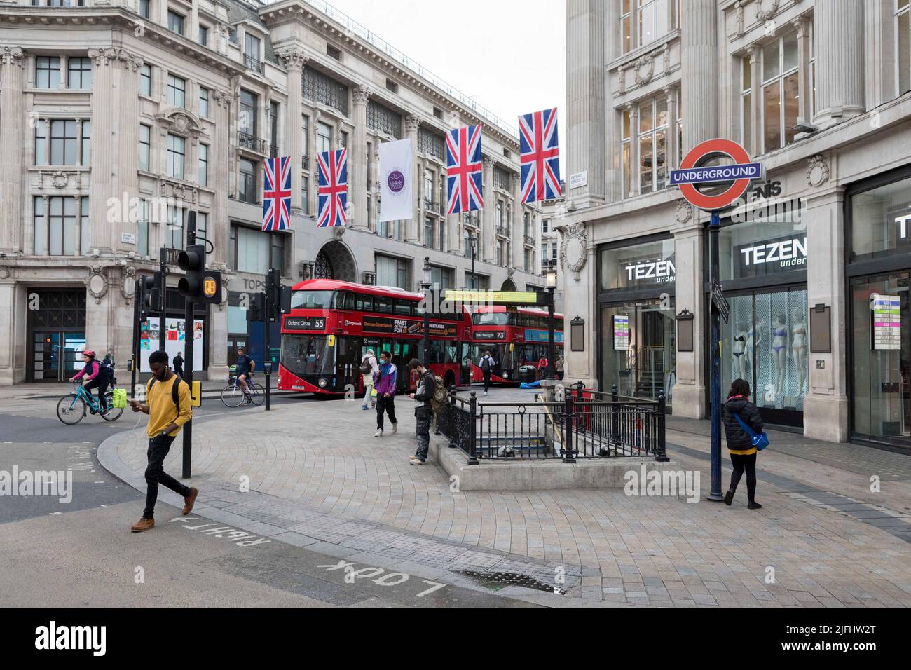 Central London seen unusually empty and deserted as the rail strike led by RMT Union continues for the second day.   Pictured: Oxford Circus appears e Stock Photo