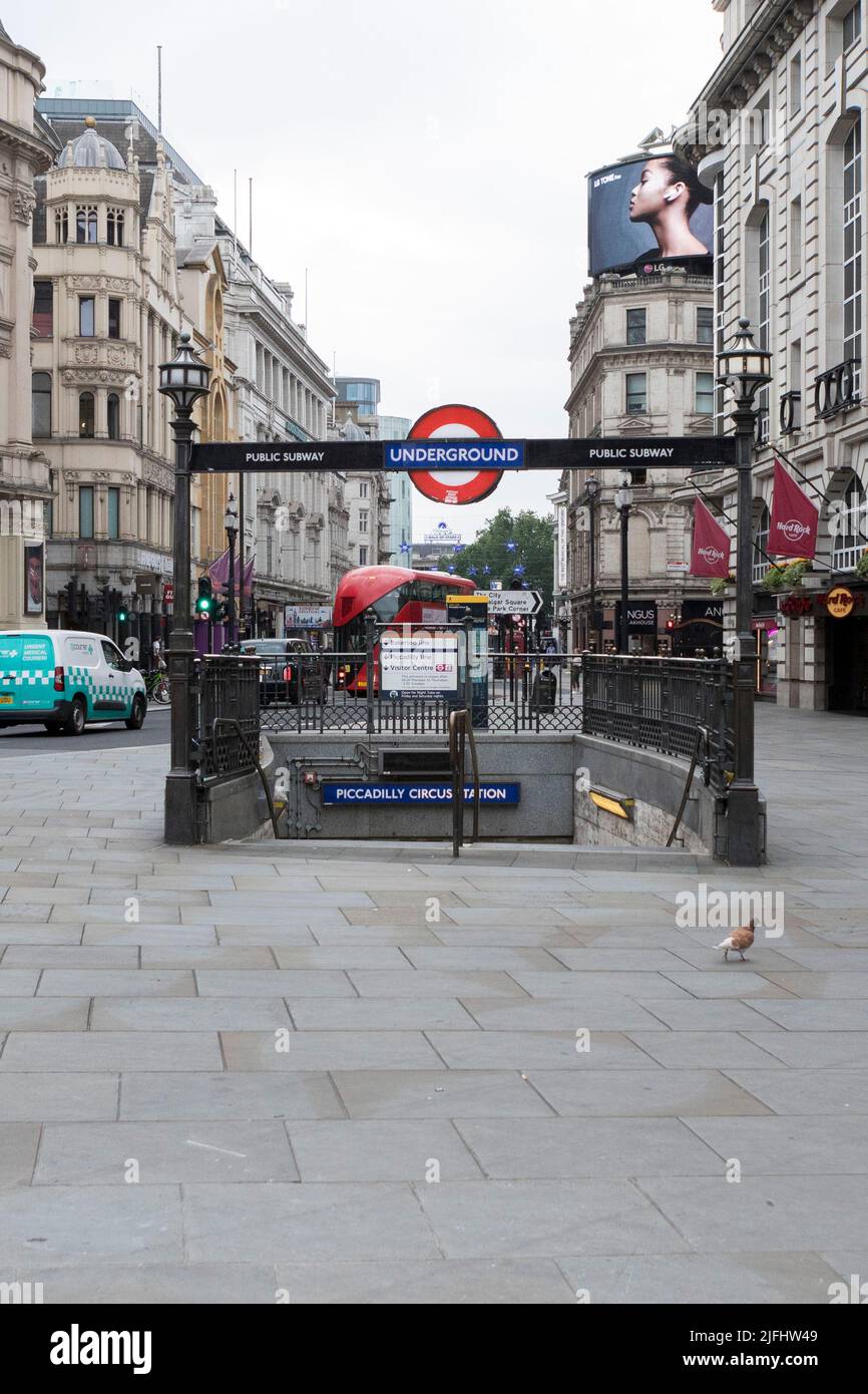 Central London seen unusually empty and deserted as the rail strike led by RMT Union continues for the second day.   Pictured: Piccadilly Circus looks Stock Photo