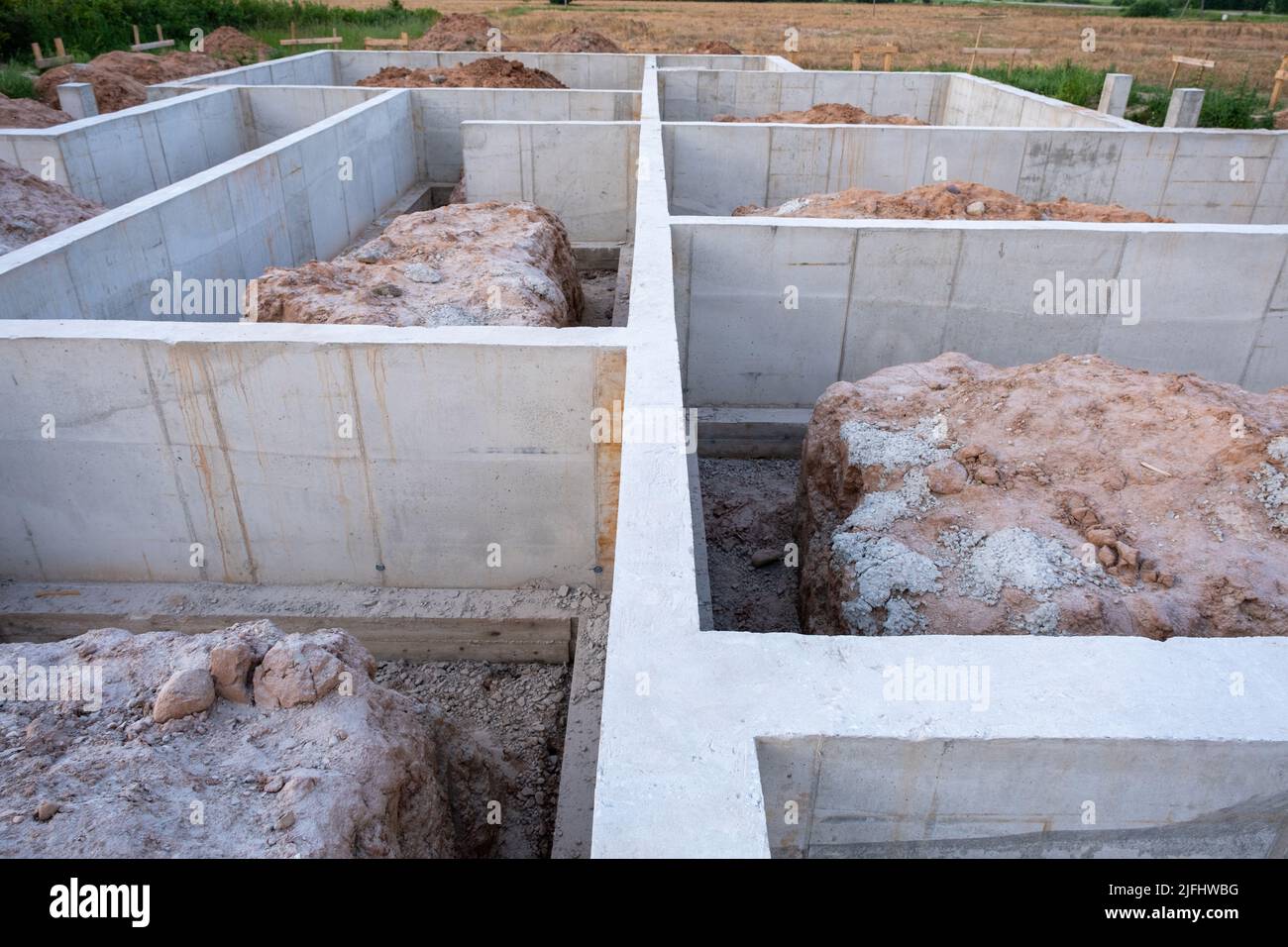 Construction of a new house concrete foundations prepared stock photo