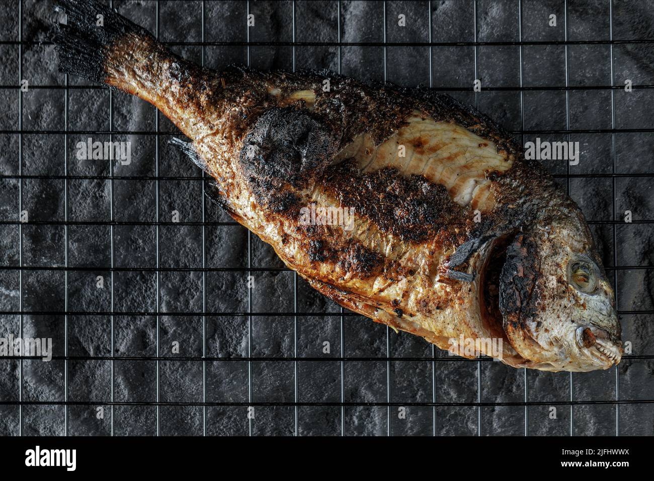 Whole grilled Dorado or Sea Bream on dark textured background. Healthy eating concept. Seafood