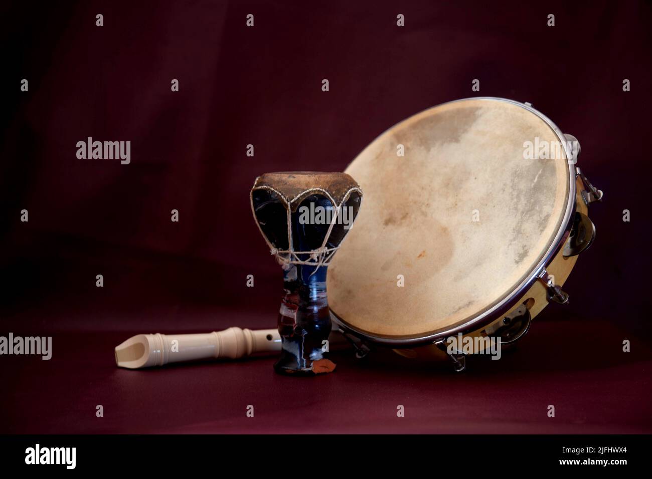 Middle Eastern Percussion Instruments, tar, derbouka, ney Stock Photo