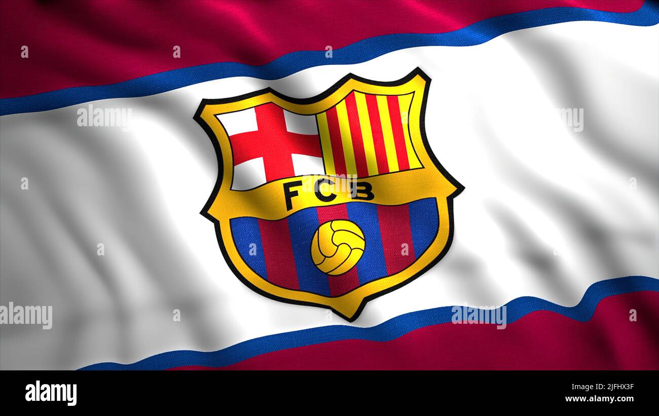 The flag of FC Barcelona. Motion . A bright symbol of the Barcelona football team playing in the Spanish professional league. Use only for editorial. Stock Photo