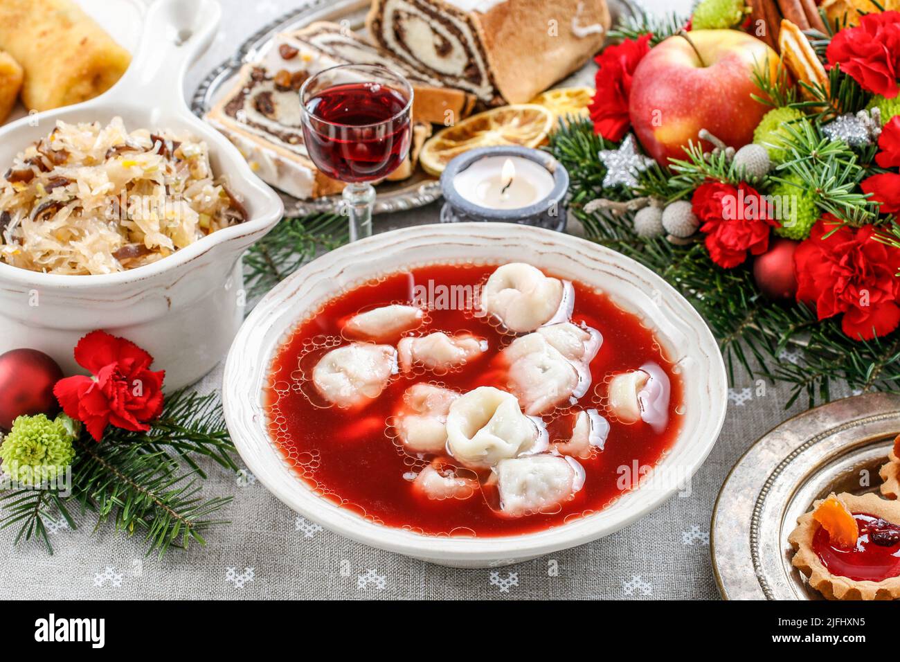 Beetroot red borsch with polish dumplings uszka. Traditional dish Stock Photo