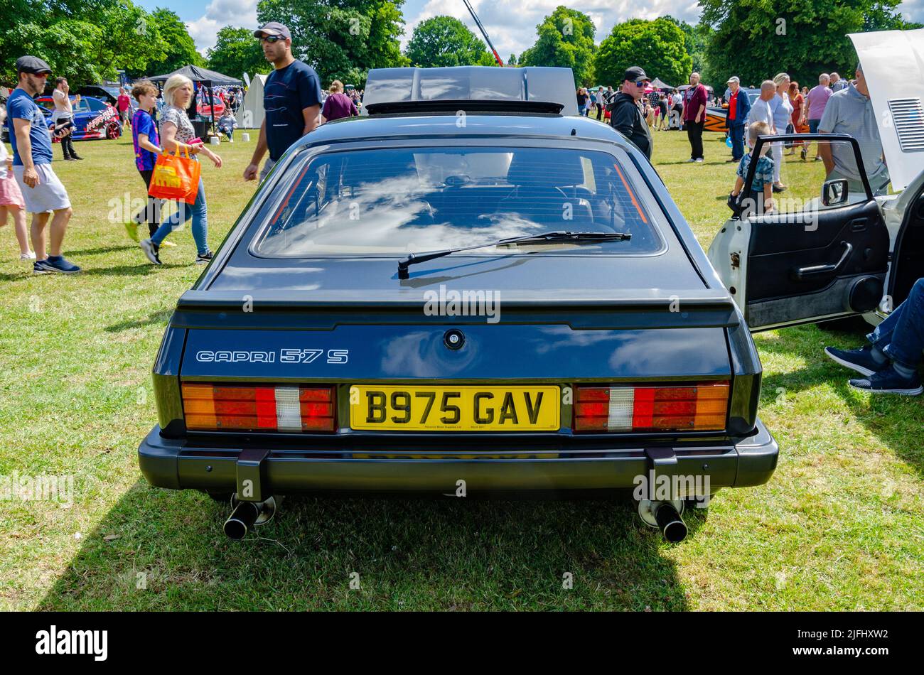 Rear view of a 1984 Ford Capri 57 S in black  at The Berkshire Motor Show in Reading, UK Stock Photo