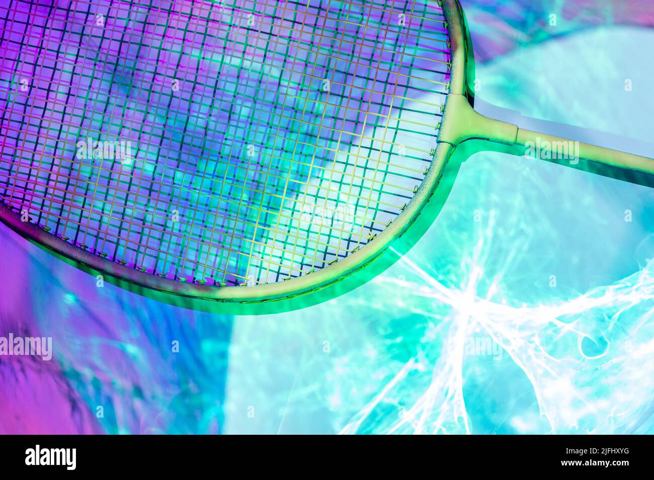 Badminton racket on holographic colors background. Horizontal sport theme poster, greeting cards, headers, website and app Stock Photo