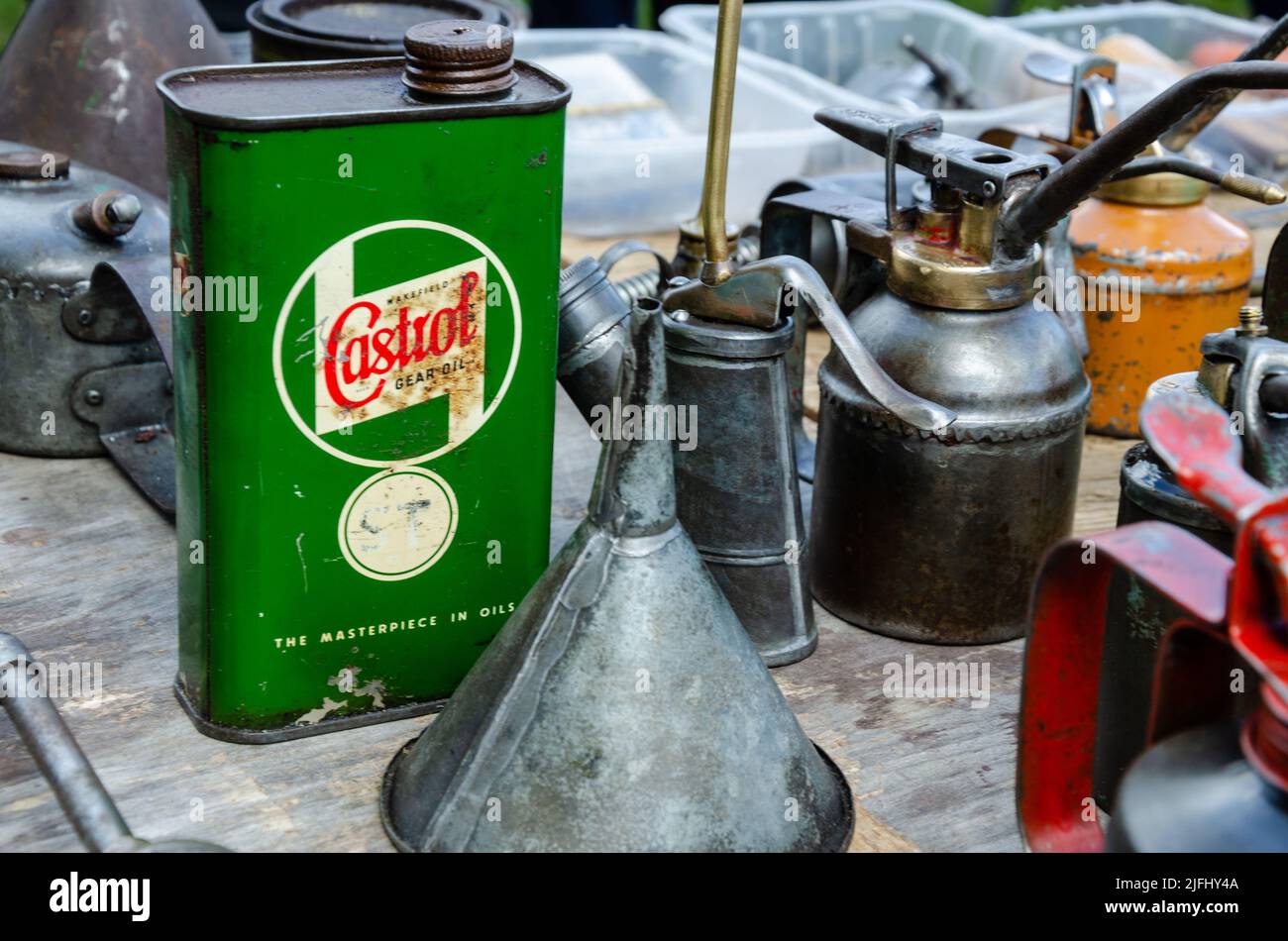 An old, collectable green Castrol engine oil can at a stall at a motor show. Stock Photo