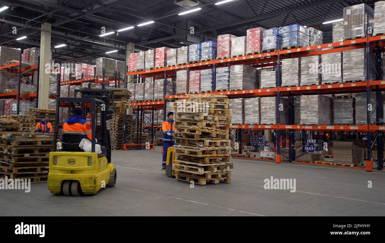 A huge warehouse.Creative.A large storage of orders, which are carried