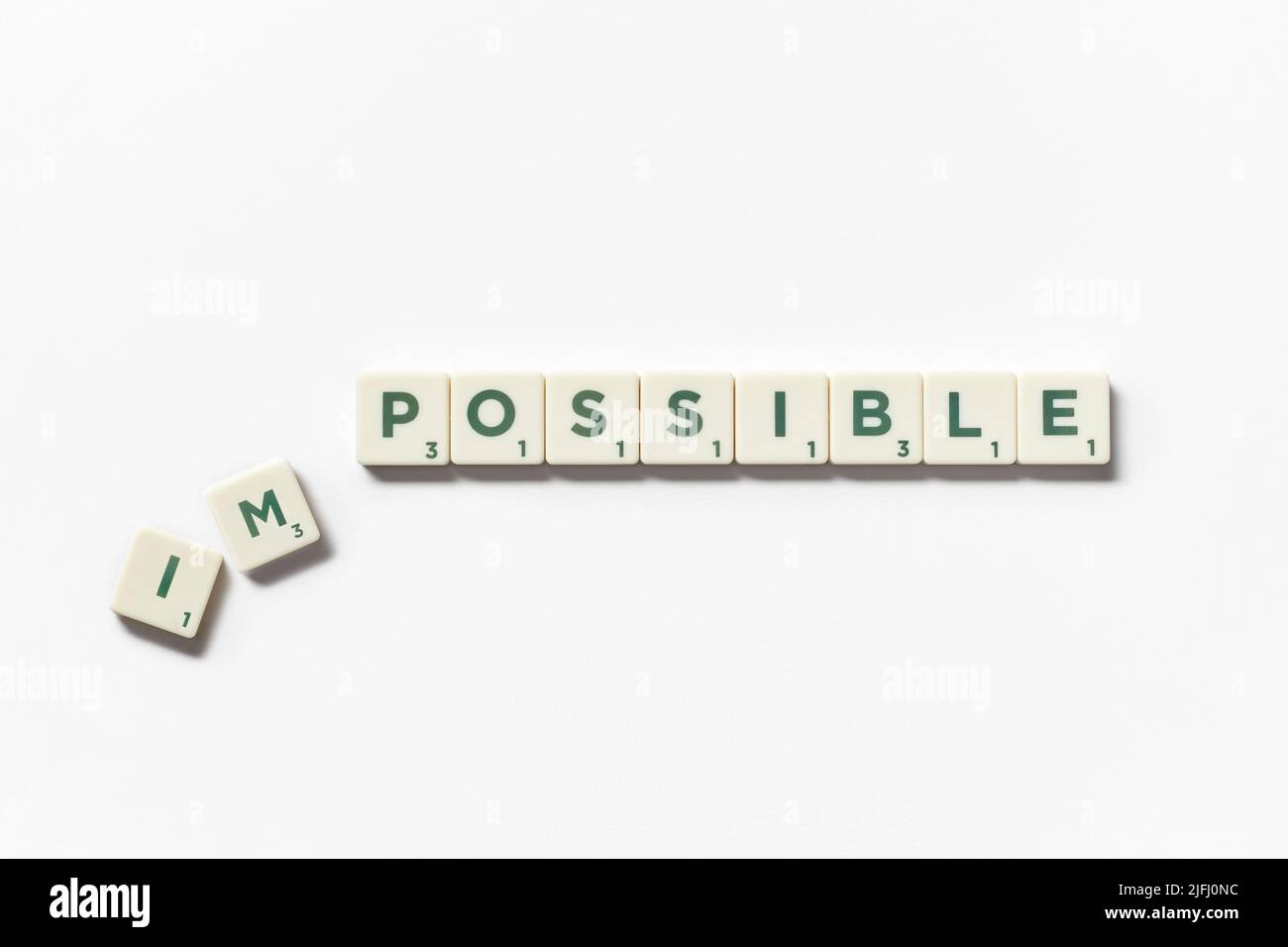 Possible formed of scrabble blocks on white background. Stock Photo