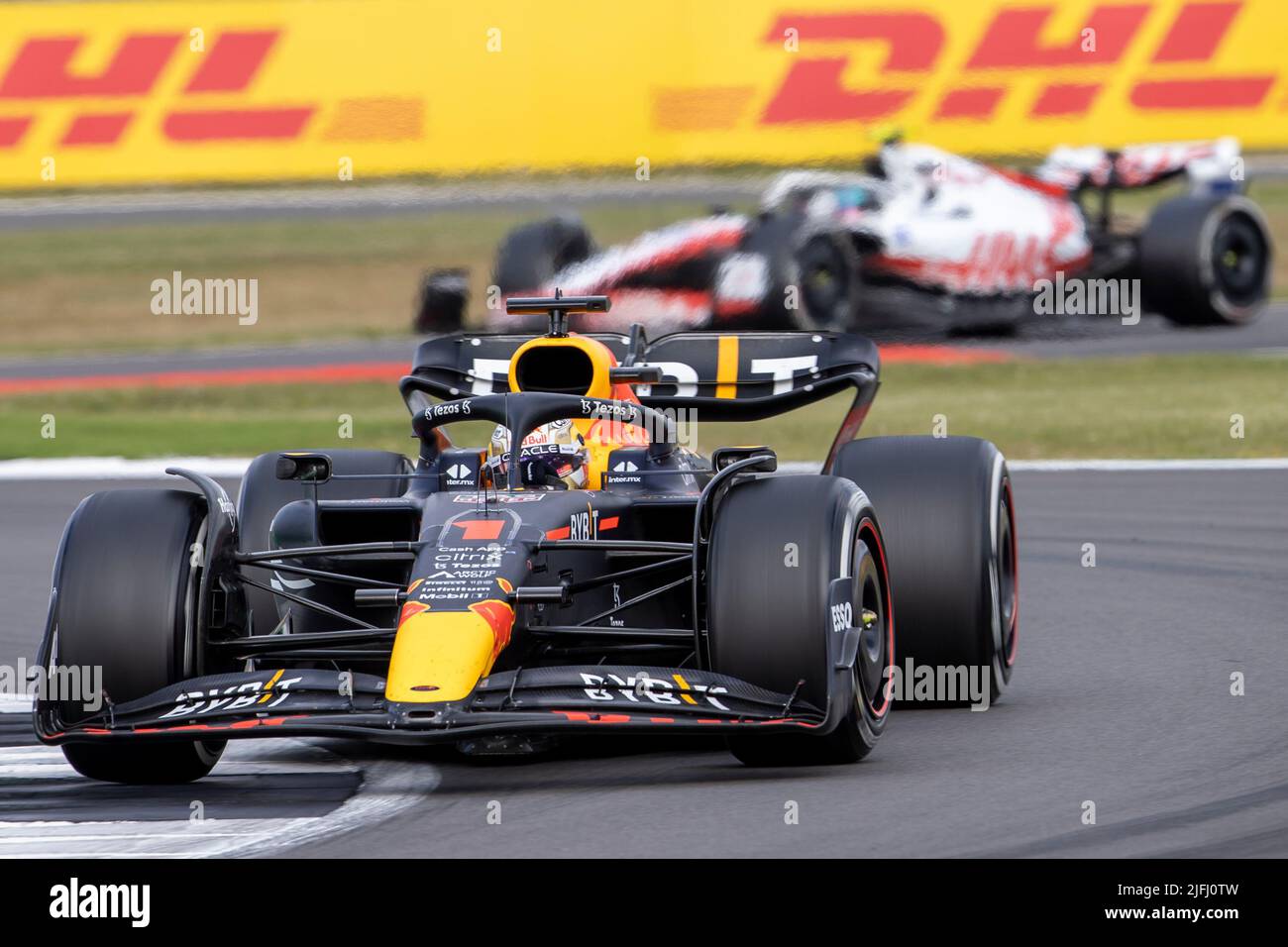 Silverstone, UK. 3rd July 2022, Silverstone Circuit, Silverstone, Northamptonshire, England: British F1 Grand Prix, Race day: Oracle Red Bull Racing driver Max Verstappen in his Red Bull Racing-RBPT RB18 Credit: Action Plus Sports Images/Alamy Live News Stock Photo