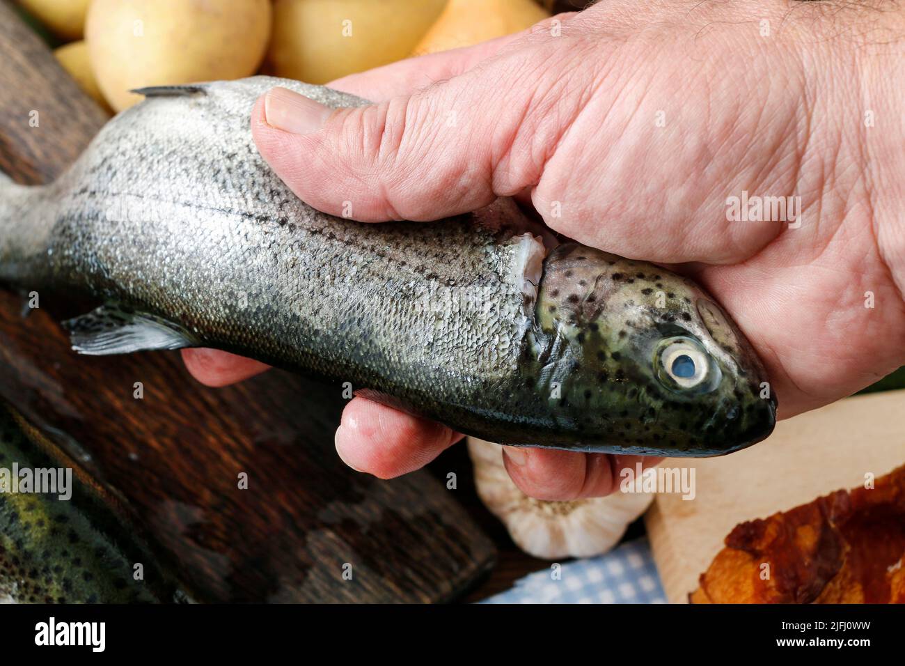 Cook holding a rainbow trout. Cooking time Stock Photo Alamy