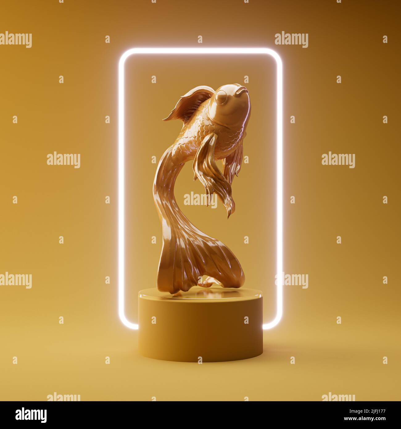 A concept render showing a metal casting of a flowy finned goldfish on a pasel yellow stage lit by a rectangular neon light - 3D render Stock Photo