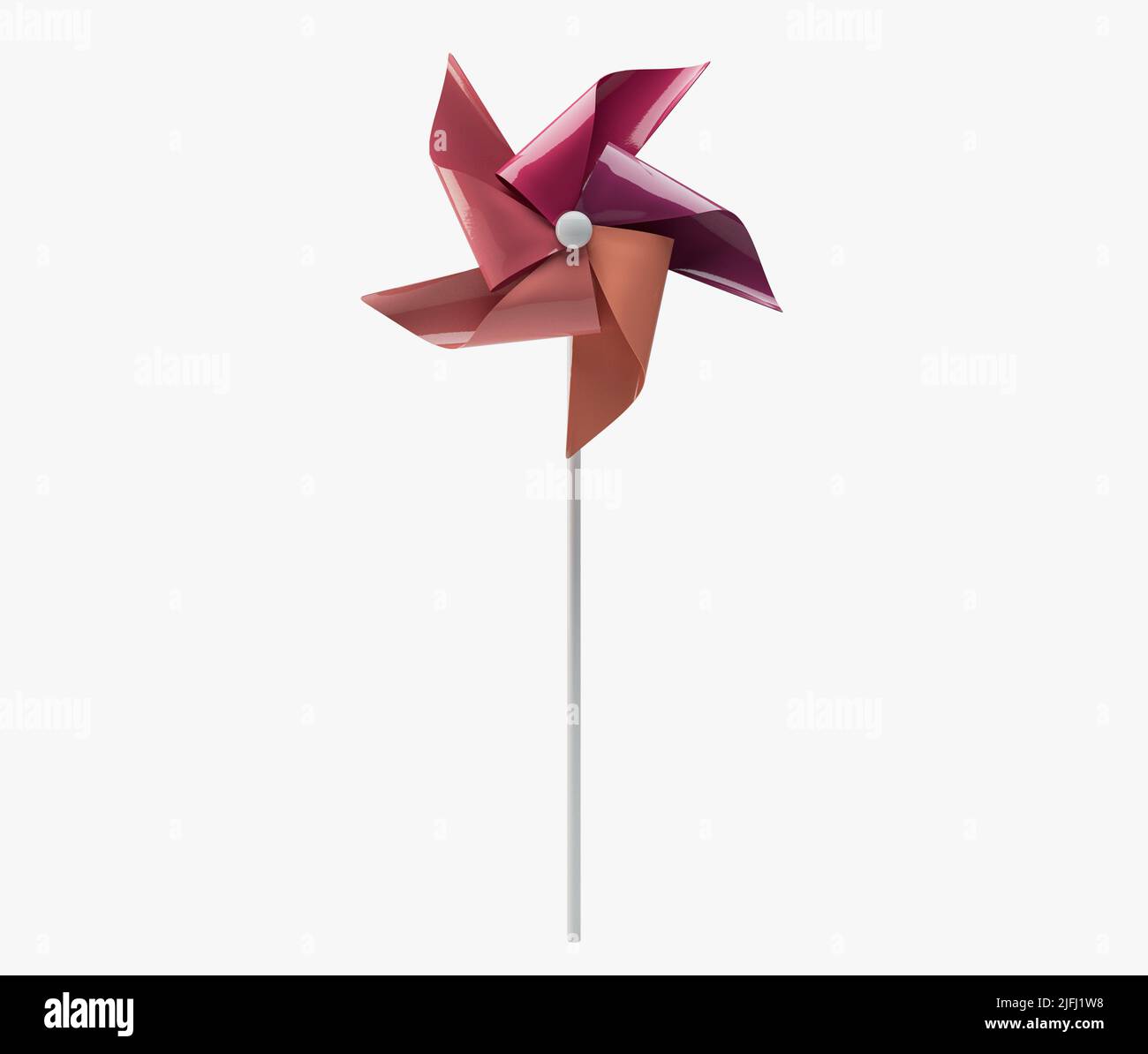 A regular toy pinwheel windmill with colored plastic vanes on a stick on an isolated background - 3D render Stock Photo