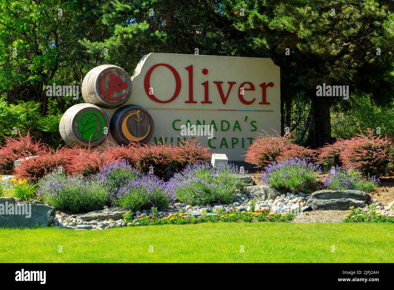 Oliver, British Columbia, Canada - June 29, 2022: 'Canada's Wine Capital' sign on Highway 97 at the entrance to the small town of Oliver, British Colu Stock Photo