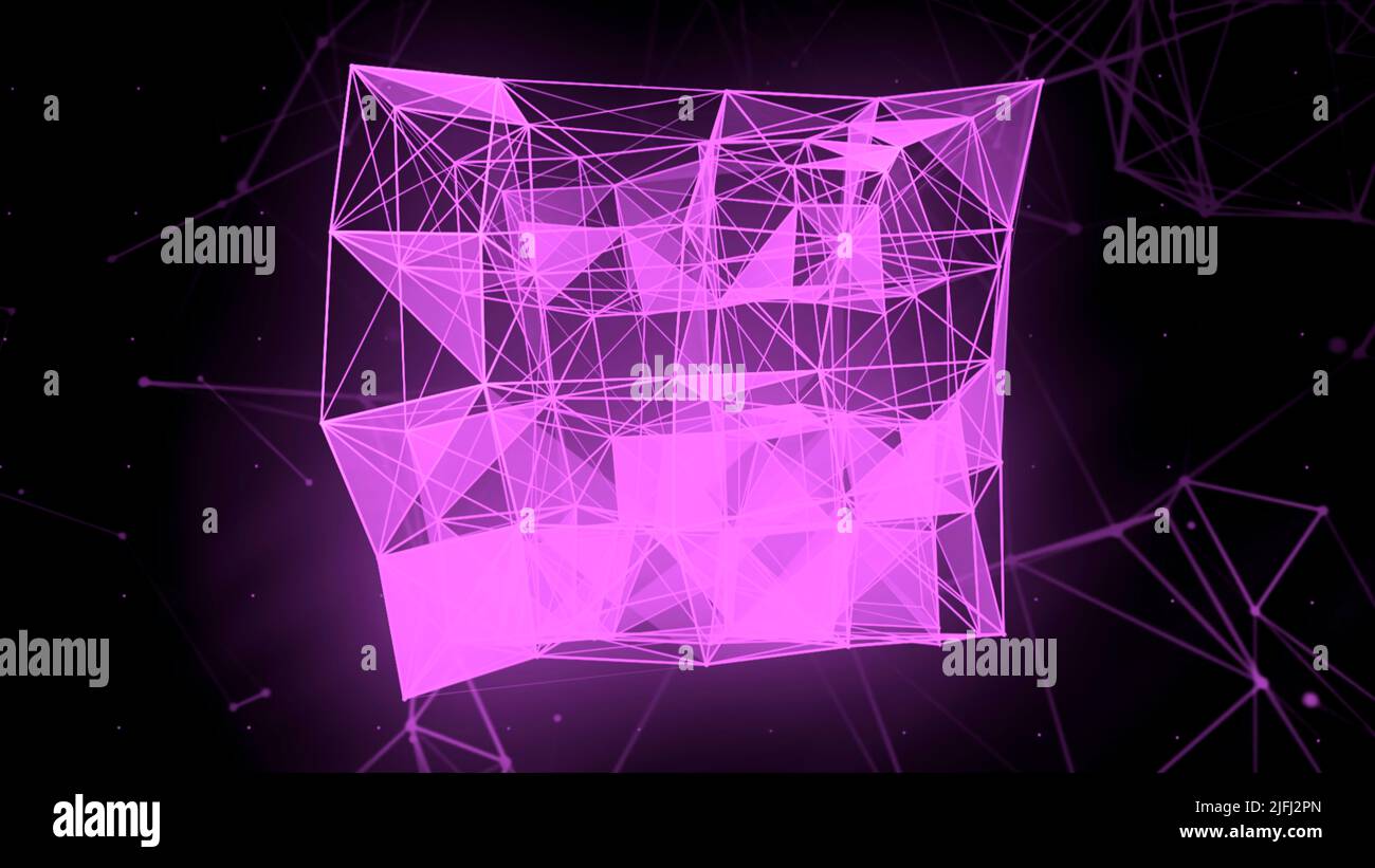 Digital plexus of glowing lines and dots of neon purple color. Motion ...