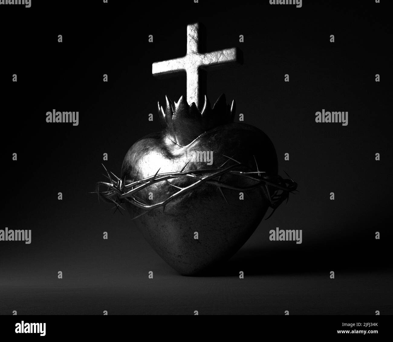 A silver casting of the sacred heart of jesus on a dark studio background - 3D render Stock Photo