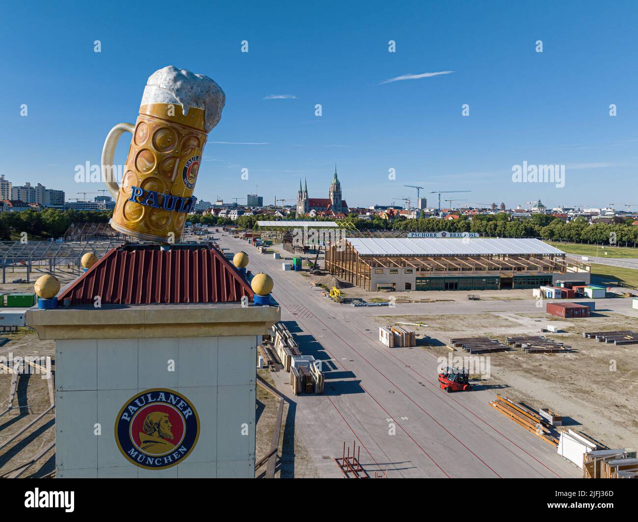 MUNICH, GERMANY - JULY 3rd: Paulaner tower during the setup of the beertents at the Oktoberfest, the biggest folk festival in the world on July 3rd Stock Photo