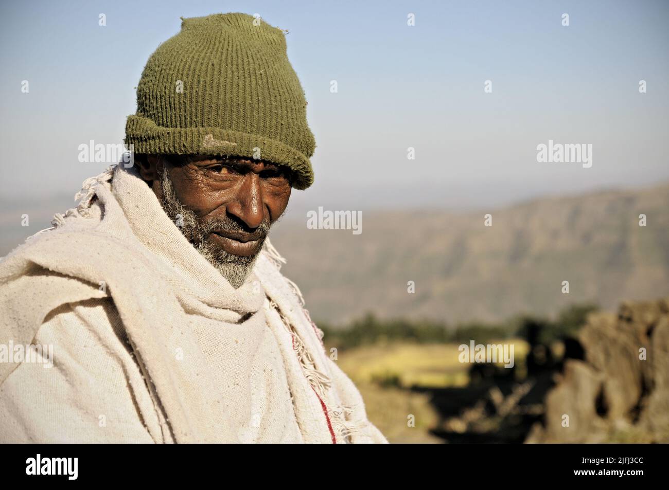 Portrait of a man on the top of Mount Ashetan, Lalibela, Amhara Region, Ethiopia Stock Photo