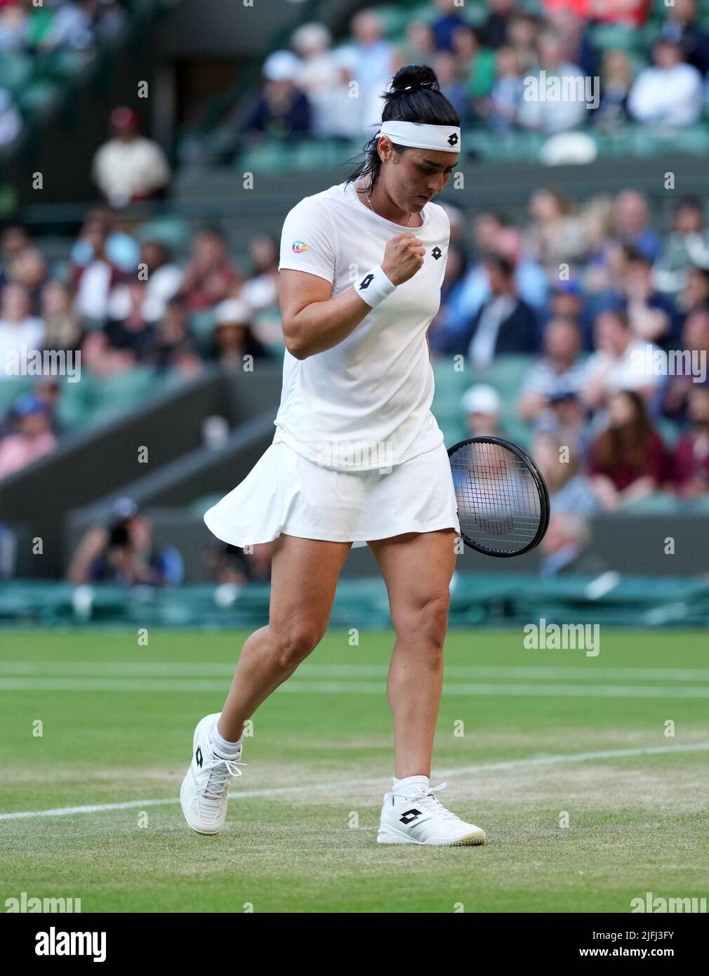 Ons Jabeur after winning her Ladies Singles fourth round match against Elise Mertens on court 1 during day seven of the 2022 Wimbledon Championships at the All England Lawn Tennis and Croquet