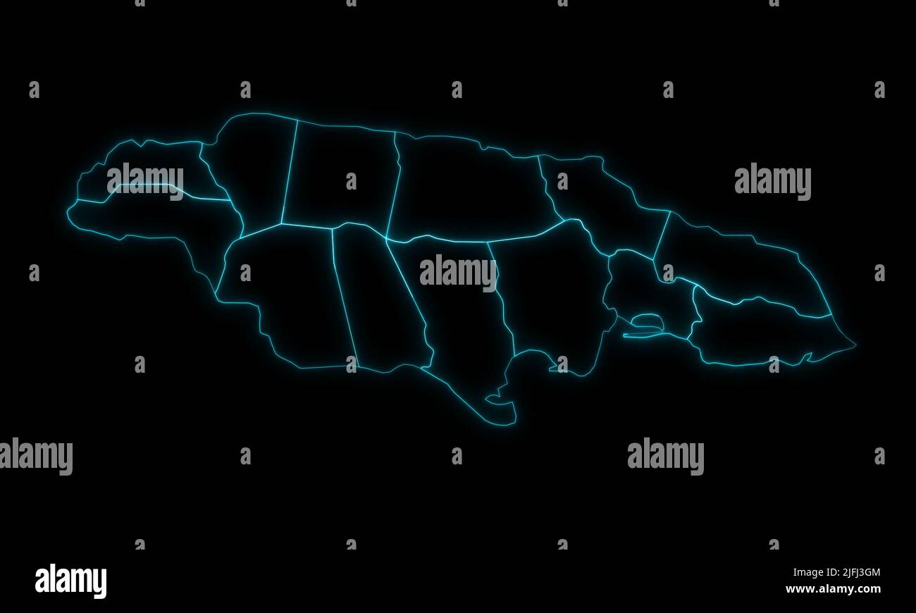 Abstract map outline of Jamaica with Parishes with Regions glowing outline in black background Stock Photo