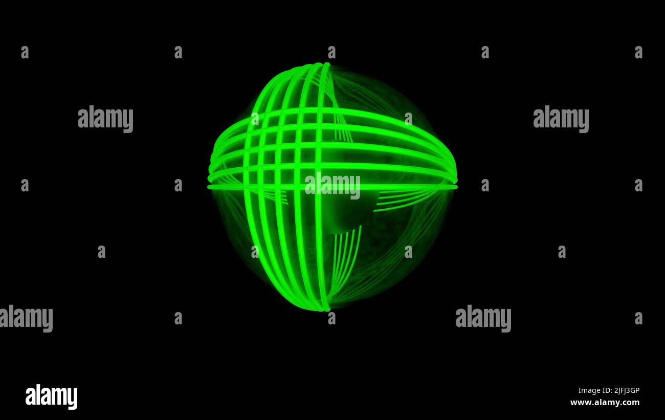 Energy sphere of green lazer beams, seamless loop. Design. Neon rotating ball with bending lines, technology, science motion background. Stock Photo