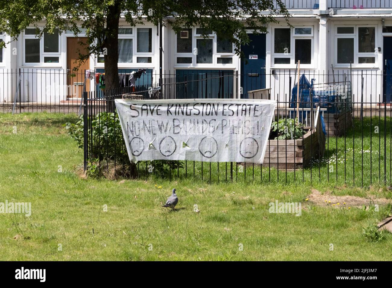 Banners protesting against housing redevelopment on a council estate in Southwark, South London, UK, England 2022. Stock Photo