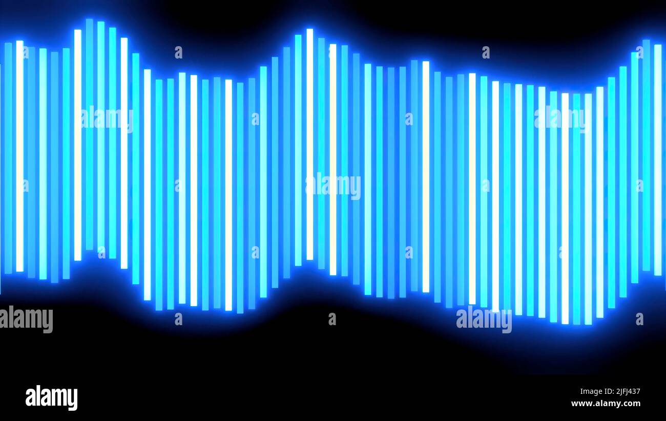 Abstract neon blue music equalizer of vertical narrow stripes isolated on a black background. Design. Music player application interface. Stock Photo