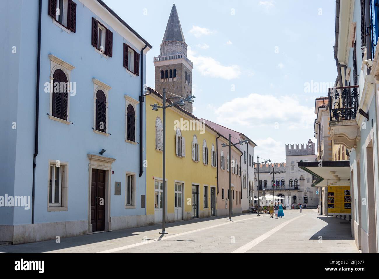 Street in Old Town showing Assumption Cathedral Tower, Verdijeva ulica, Koper, Slovene Istria, Slovenia Stock Photo