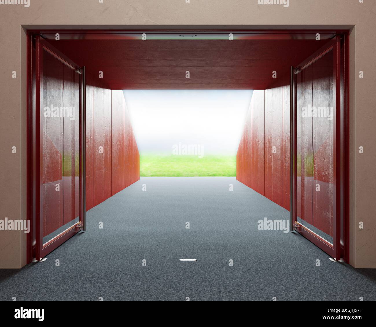 A look down a predominantly red stadium sports corridor through open glass doors to a lit arena in the distance - 3D render Stock Photo