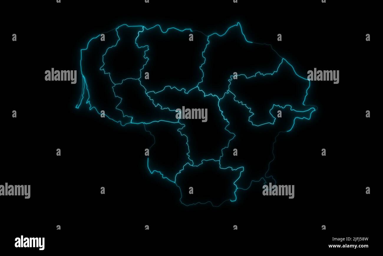 Abstract map outline of Lithuania with Counties glowing outline in ...