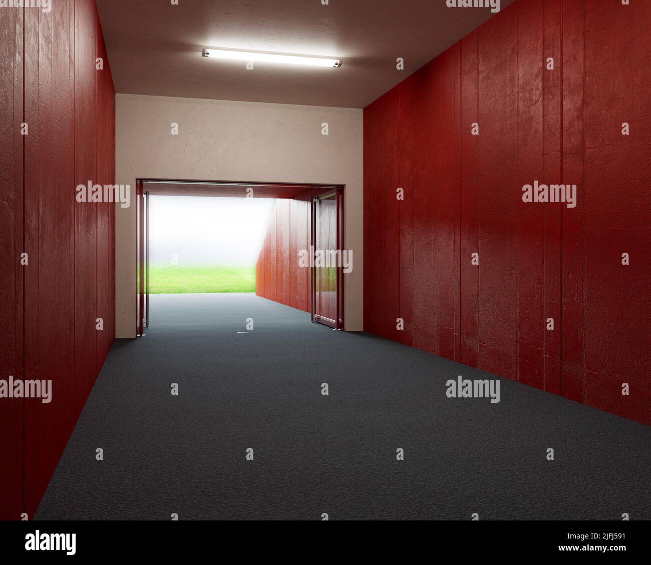 A look down a predominantly red stadium sports corridor through open glass doors to a lit arena in the distance - 3D render Stock Photo