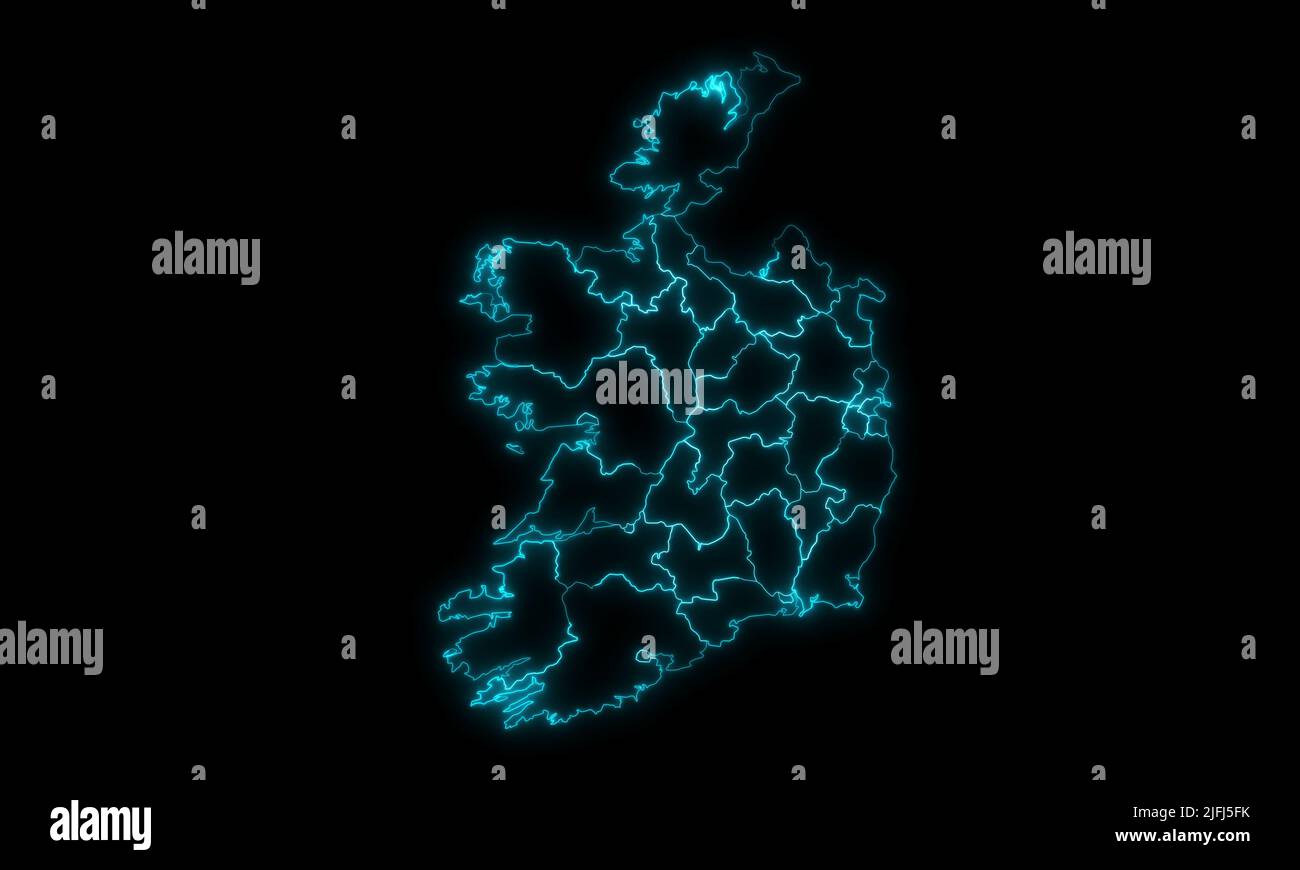 Abstract map outline of Ireland with Counties glowing outline in black background Stock Photo