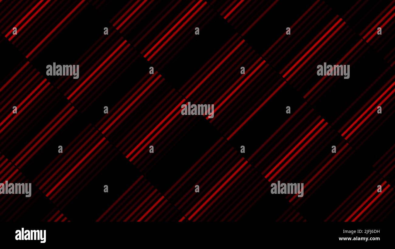 Wide diagonal stripes filled with narrow shimmering dark red lines on a black background, seamless loop. Motion. Effect of glitch or TV noise. Stock Photo