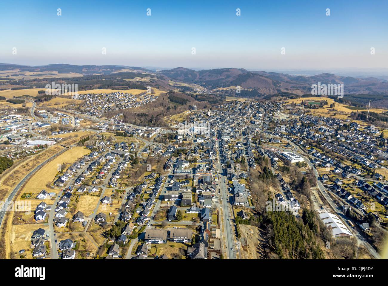 Aerial view, village view with view into the mountainous Sauerland, Winterberg, Sauerland, , Luftbild, Ortsansicht mit Blick ins bergige Sauerland, Wi Stock Photo