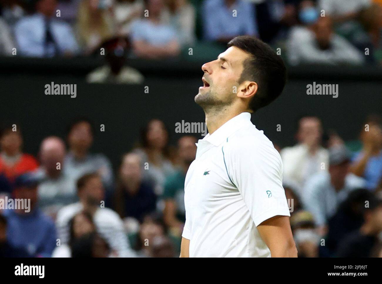 Tennis - Wimbledon - All England Lawn Tennis and Croquet Club, London, Britain - July 3, 2022 Serbia's Novak Djokovic reacts during his fourth round match against Netherlands' Tim van Rijthoven REUTERS/Hannah Mckay Stock Photo