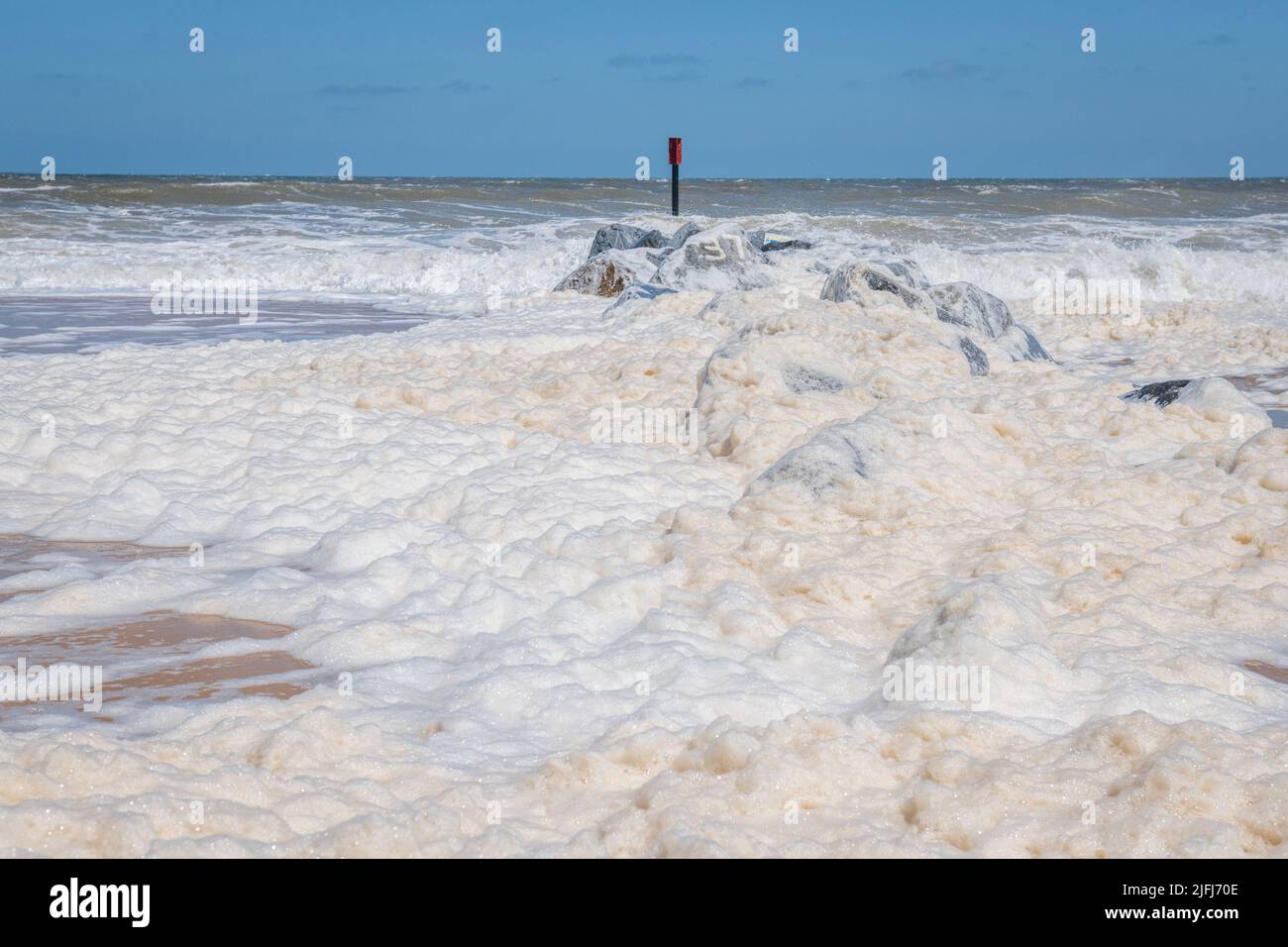 Sea foam, ocean foam, beach foam, or spume is a type of foam created by the agitation of seawater, on the beach at Horsey, Norfolk, England. Stock Photo