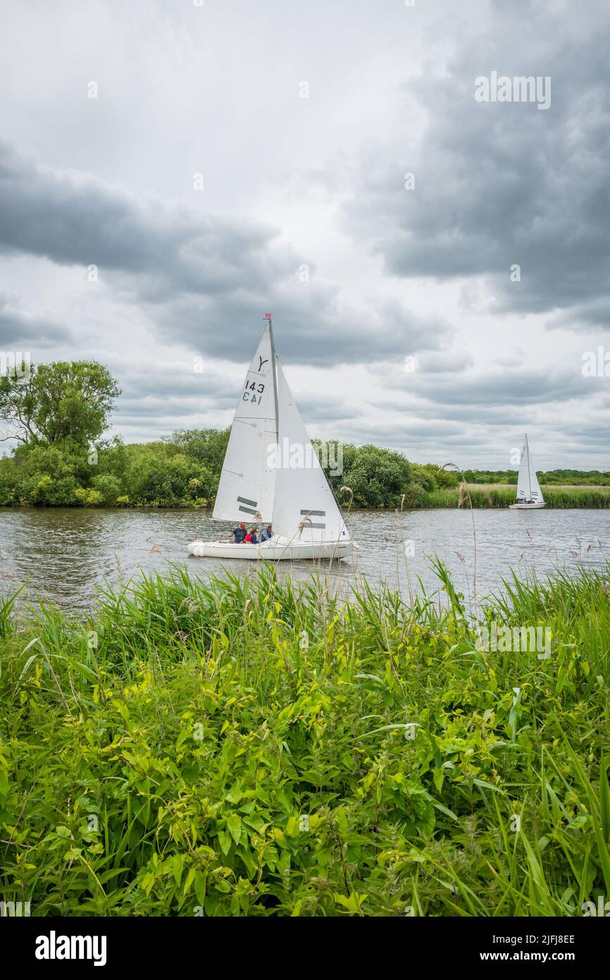 Sailing boats and river cruisers on the Norfolk Broads. Stock Photo