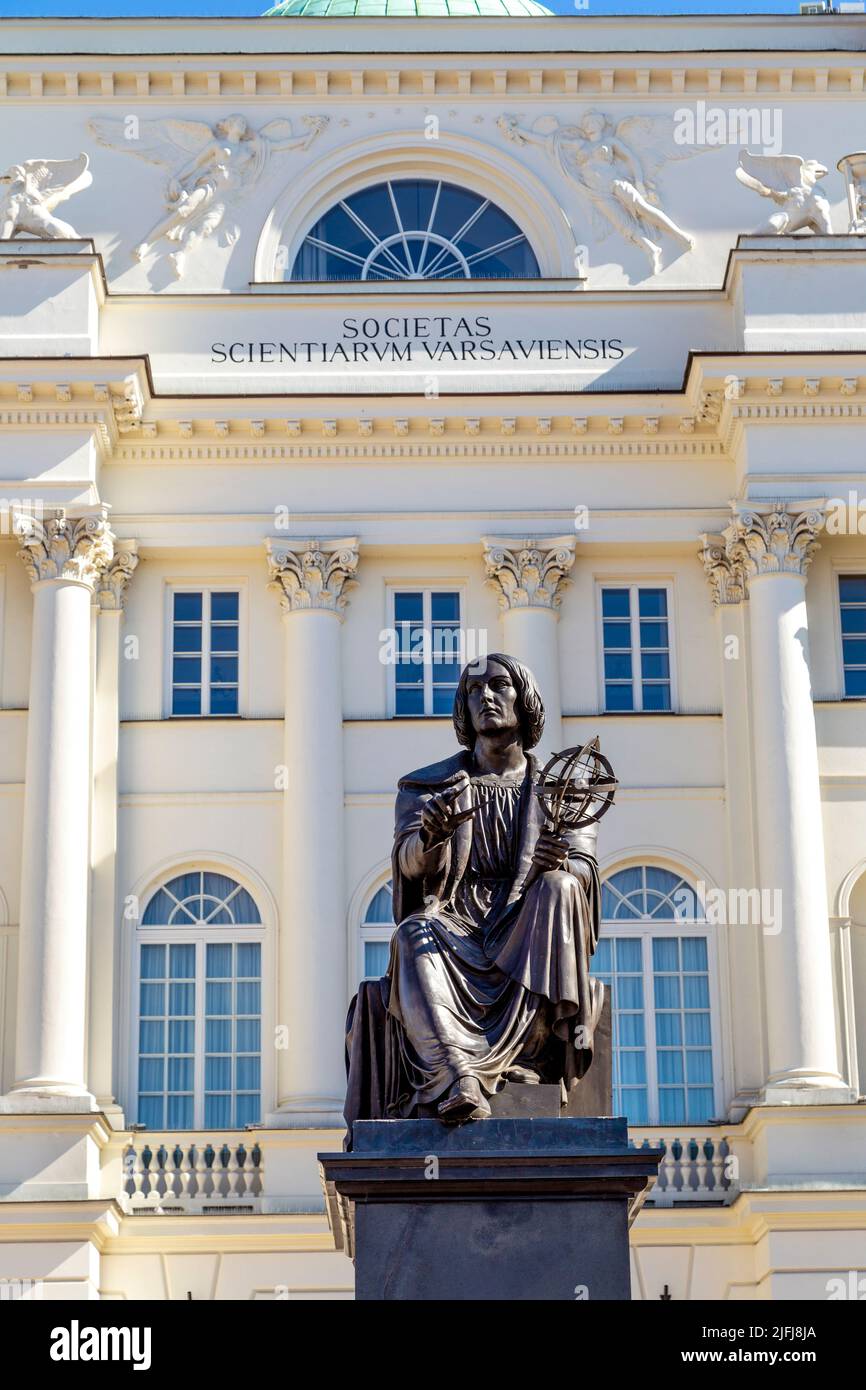 Nicolaus Copernicus Monument in front of Staszic Palace, Nowy Swiat, Warsaw, Poland Stock Photo