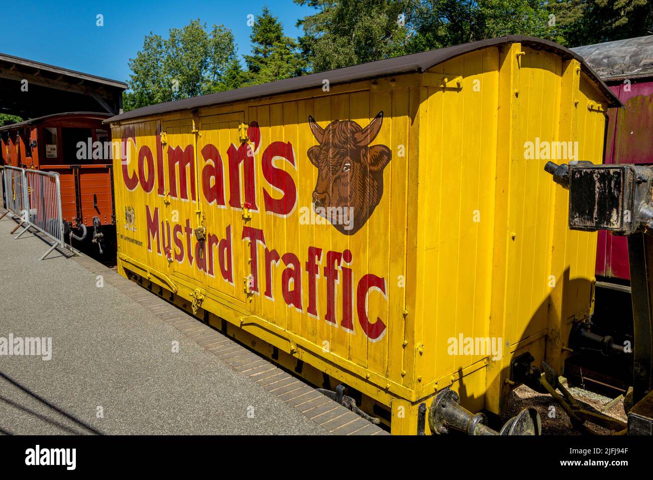 Colman’s mustard van in its distinctive yellow packaging and bull’s head logo. Stock Photo