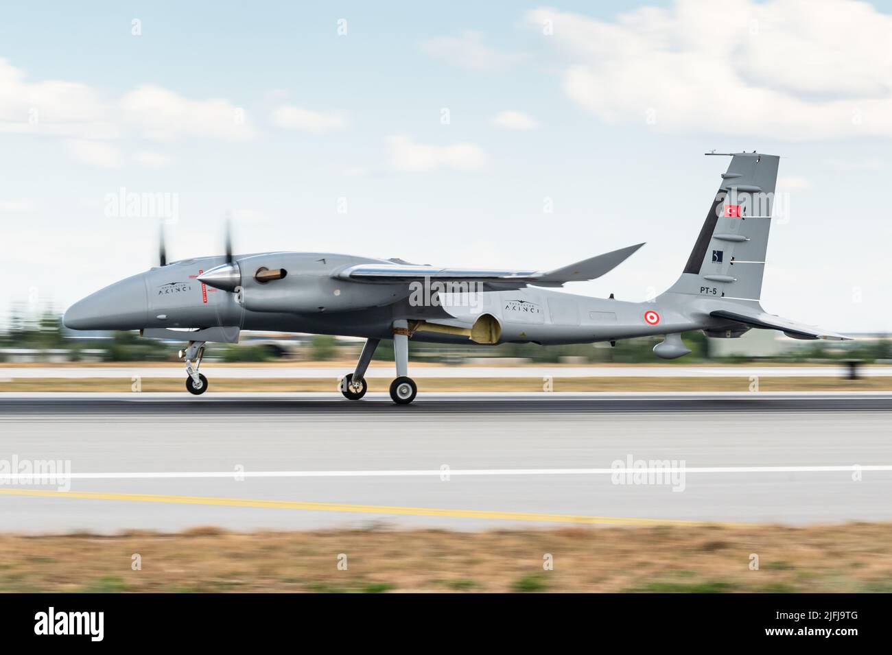 The Baykar Bayraktar Akıncı Unmanned Combat Aerial Vehicle (UCAV) of the Turkish Air Force. Stock Photo