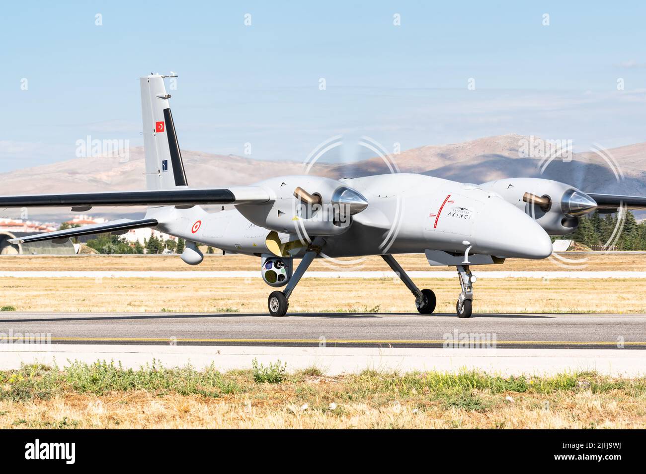 The Baykar Bayraktar Akıncı Unmanned Combat Aerial Vehicle (UCAV) of the Turkish Air Force. Stock Photo