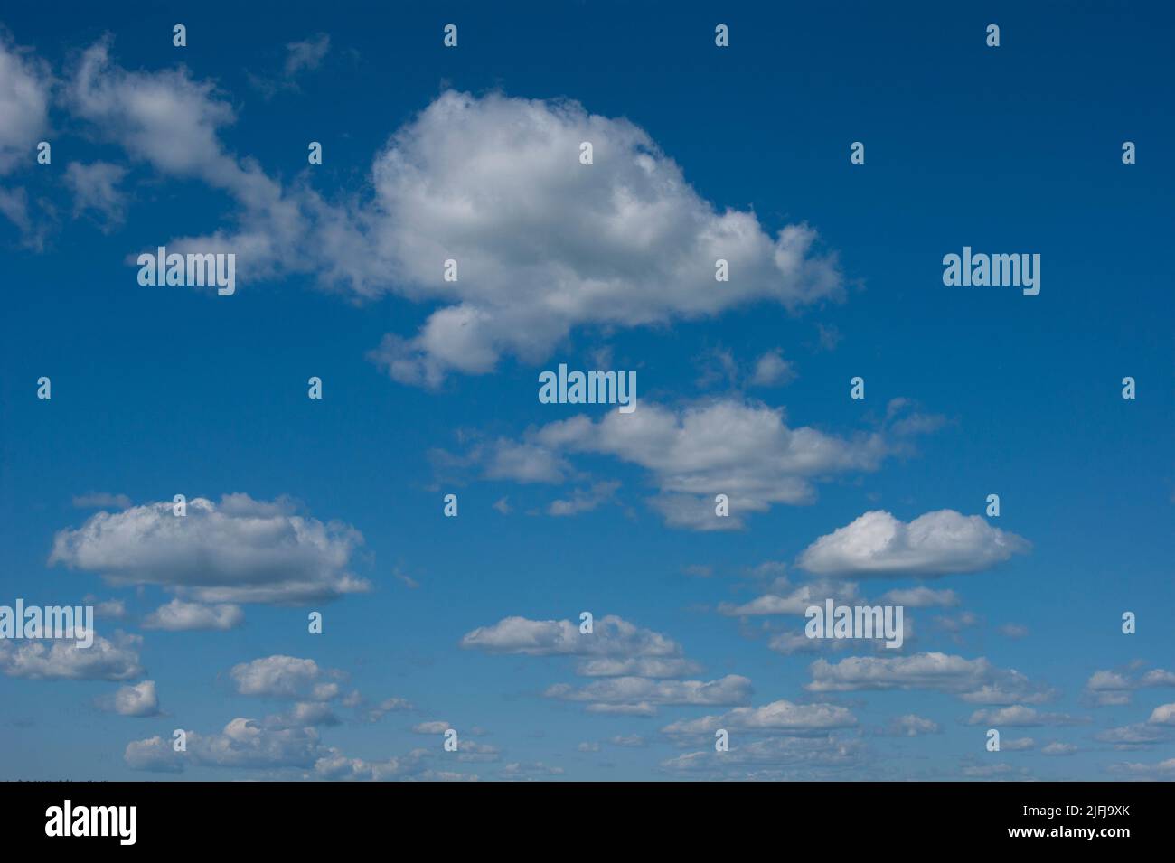 The horizontal photo is a blue sky with white fluffy clouds. Background, screensaver. Summer. Cloudy. Sunshine - Stock Image