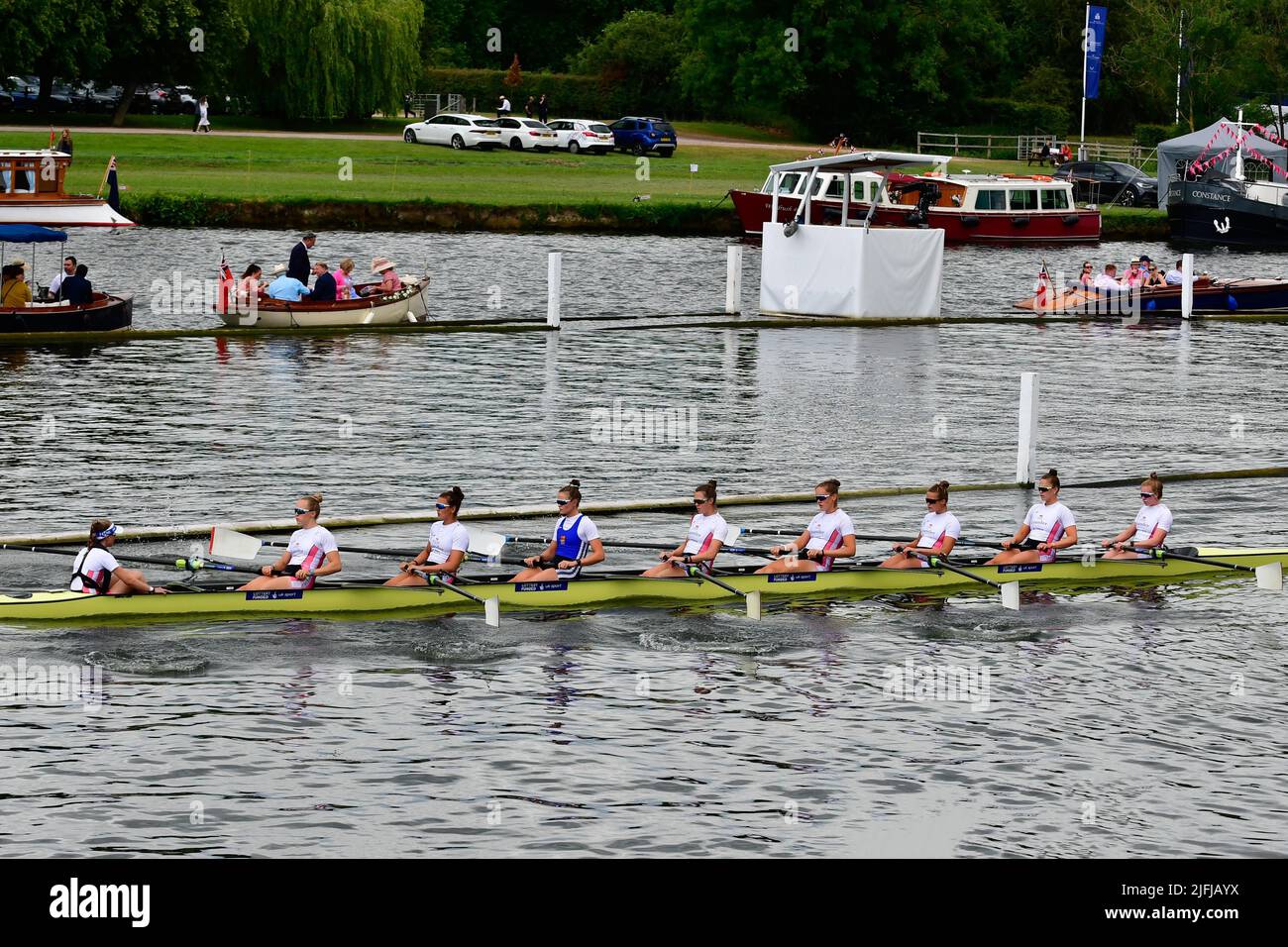 Henley Royal Regatta 2022, Finals ,The Remenham Challenge Cup Imperial College London and Leander Club team going to the start of the race to  challenge  Rowing Australia, Australia  for The Remenham Challenge Cup at the Henley Royal Regatta. Credit Gary Blake/Alamy Live News Stock Photo