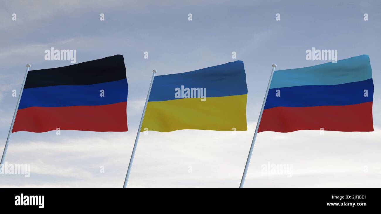 Flags of UKRANIE Donetsk AND Lugansk waving with cloudy blue sky background,3D rendering war Stock Photo