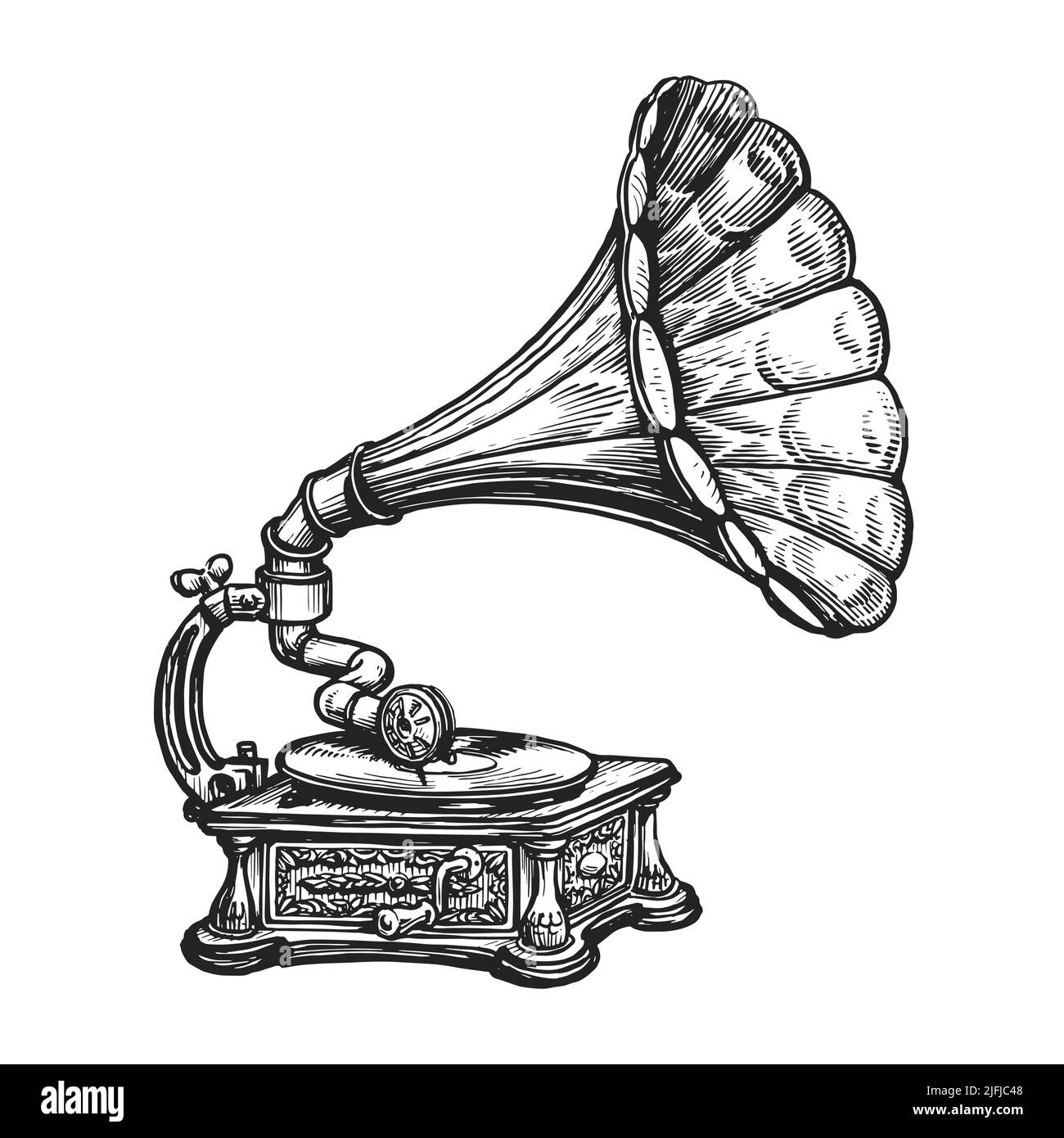 Old retro gramophone with vinyl record. Phonograph, vintage music player. Musical instrument drawn in engraving style Stock Vector