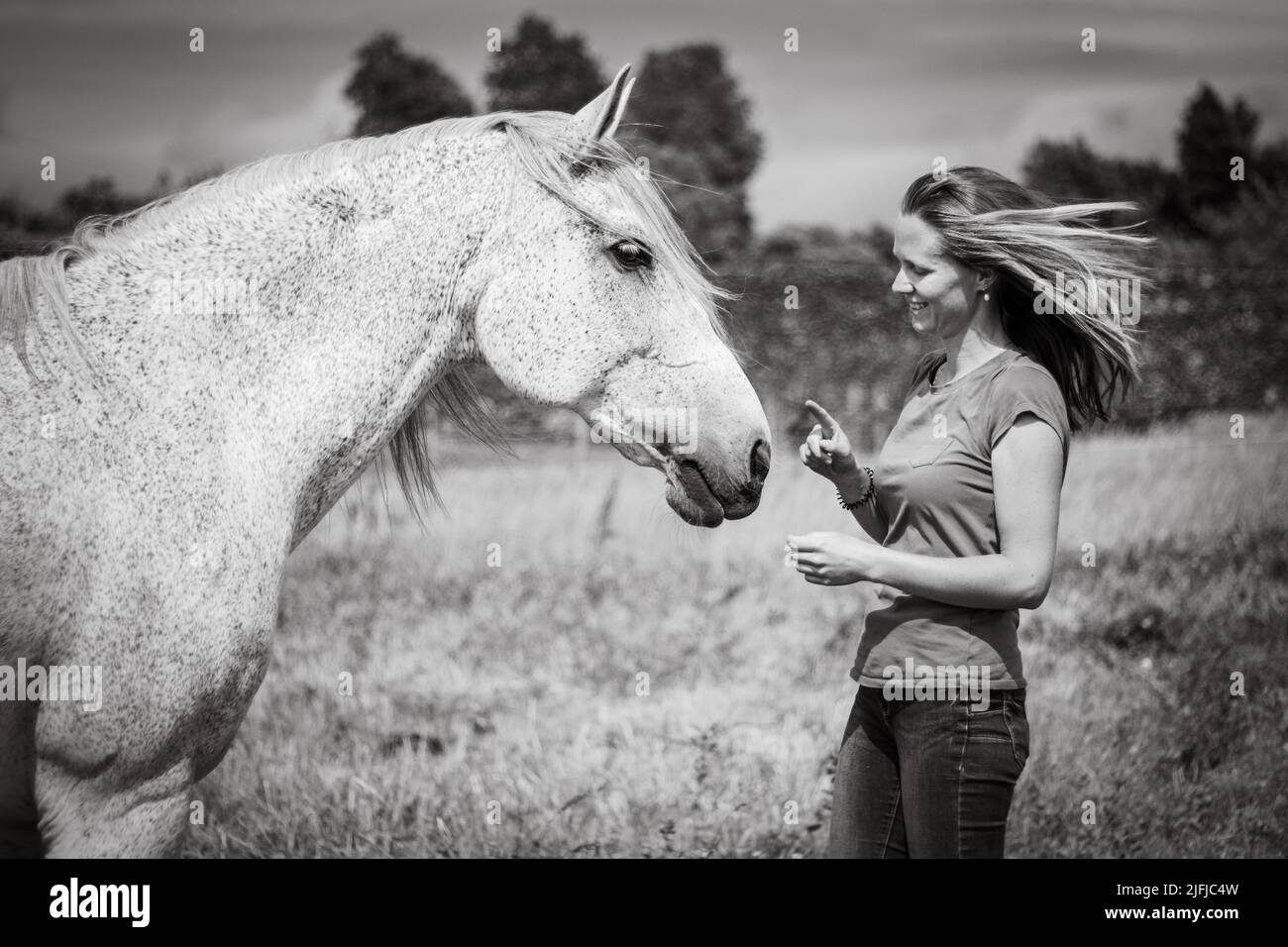 Girl with white horse, outdoors, trustful friendship, farm animals. Stock Photo