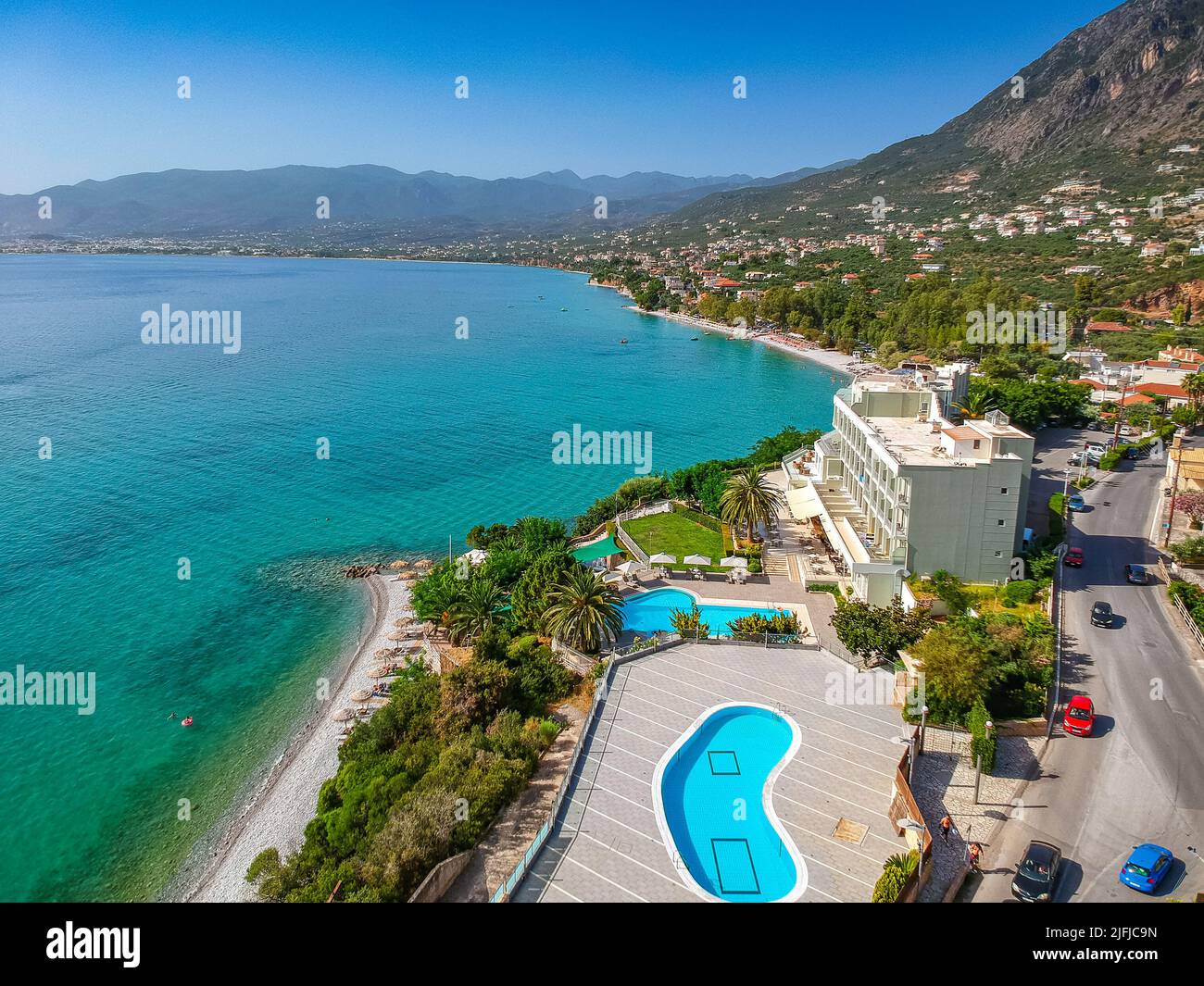 Aerial view over Almyros beach with luxurious hotels and resorts in Kato verga kalamata, Greece