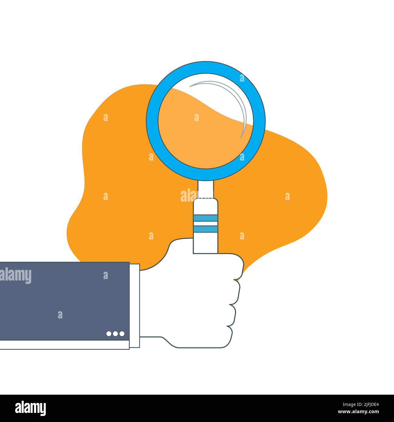 Businessman hand holding a magnifying glass. Vector design in thin line. Stock Vector