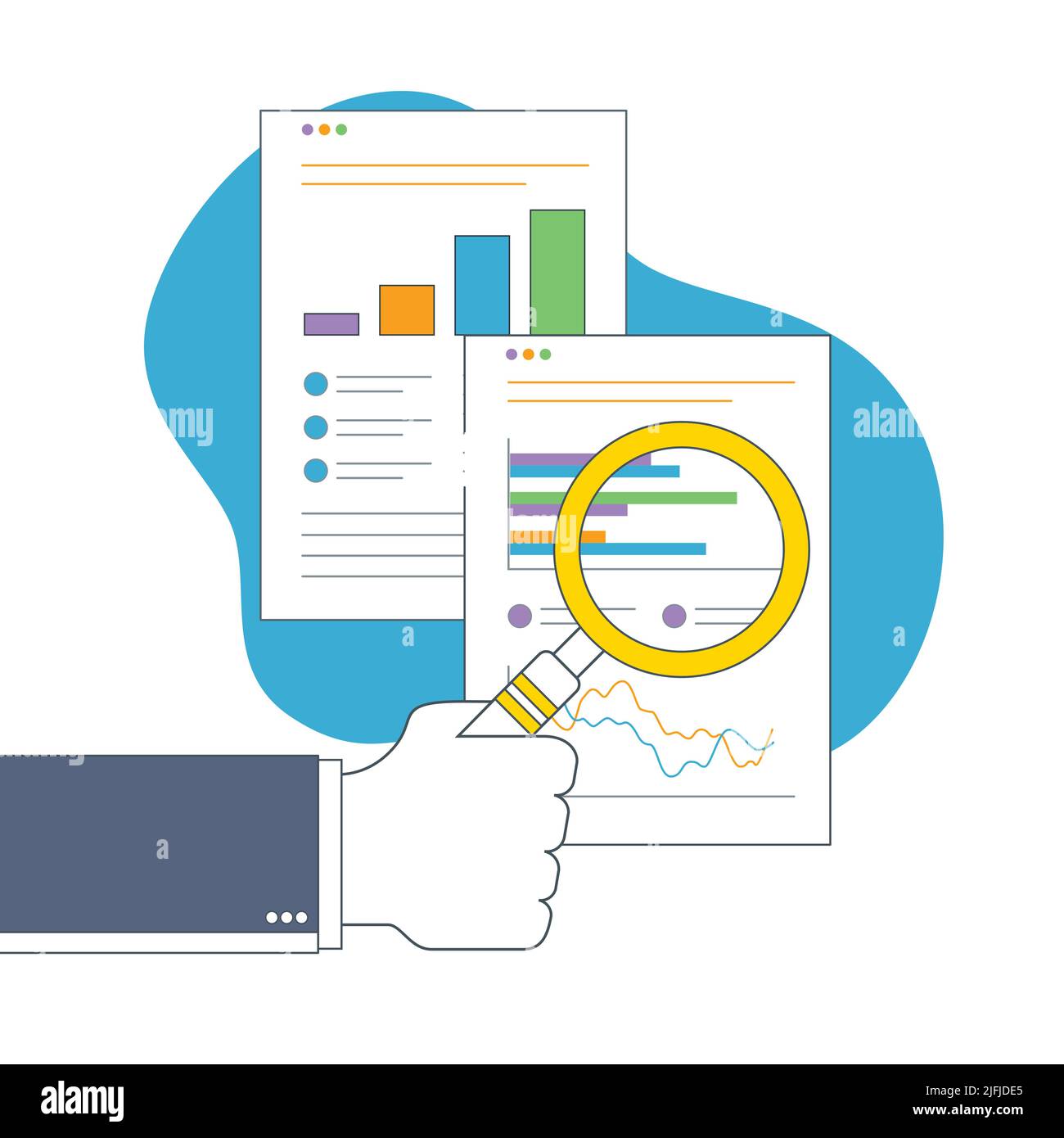 Businessman hand with magnifying glass over chart in financial report. Business analysis, accounting and business financial report concept. Stock Vector